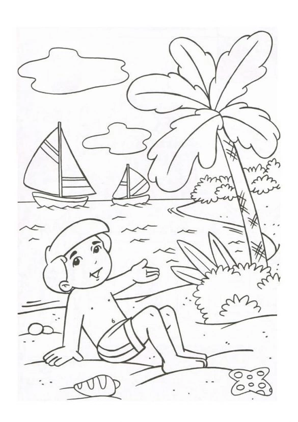 Coloring book boy is resting by the lake